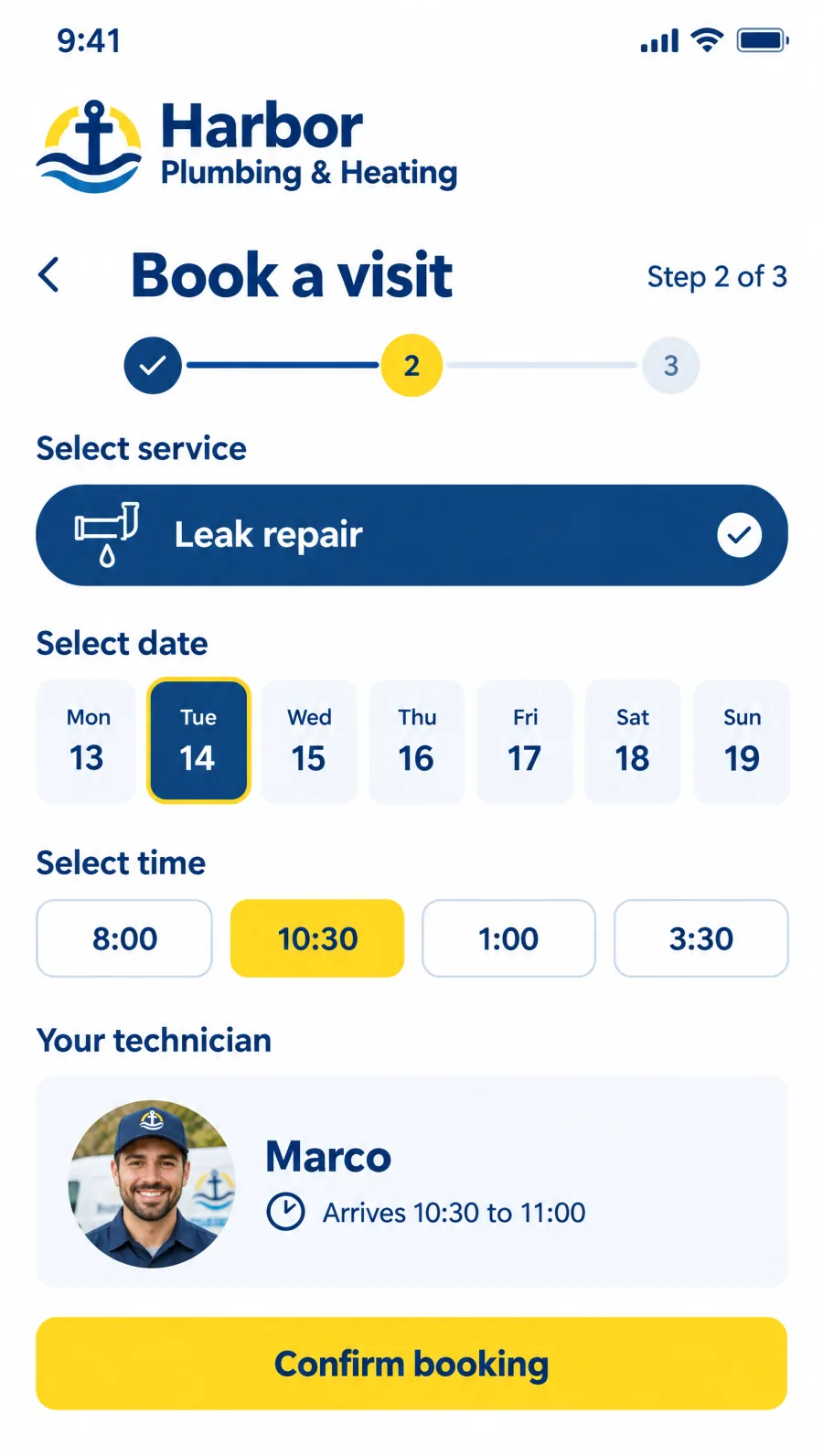 Illustrative service booking app concept. Three-step booking with technician arrival windows.