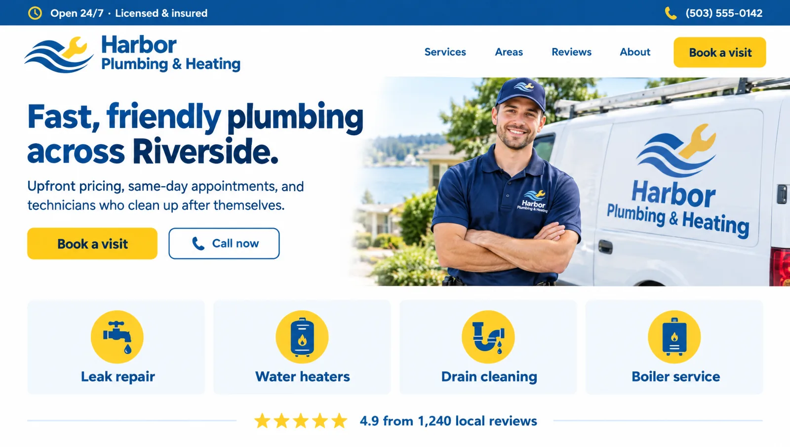 Illustrative local plumber website concept. A booking-first homepage with local trust signals.
