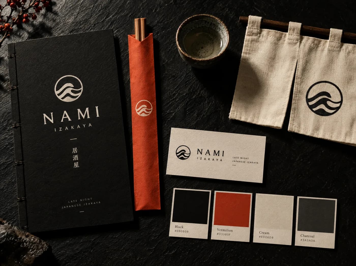 Illustrative izakaya brand identity concept. A black-and-vermilion identity for a late-night izakaya.
