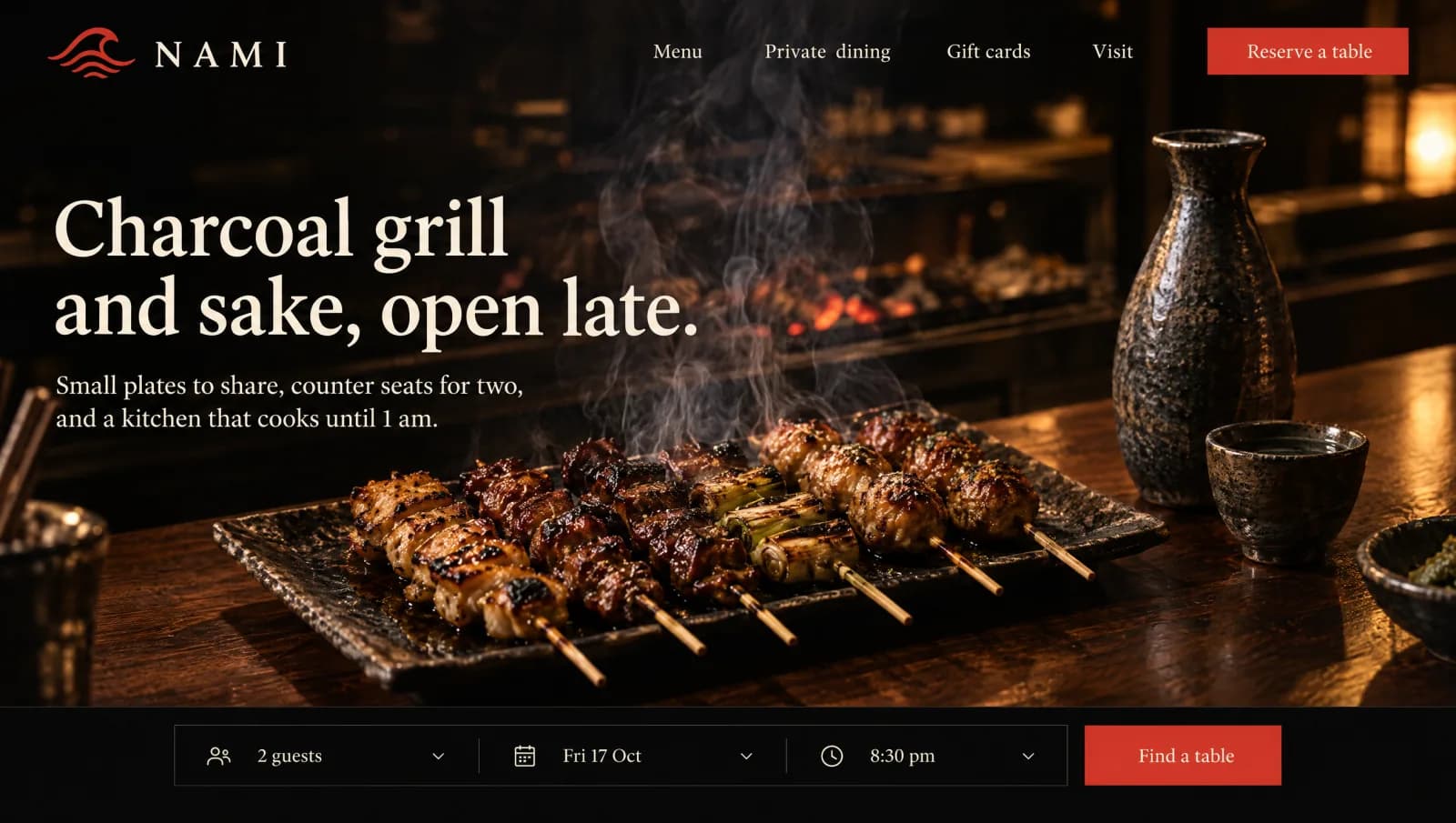 Illustrative restaurant website concept. A moody homepage with table reservations built in.