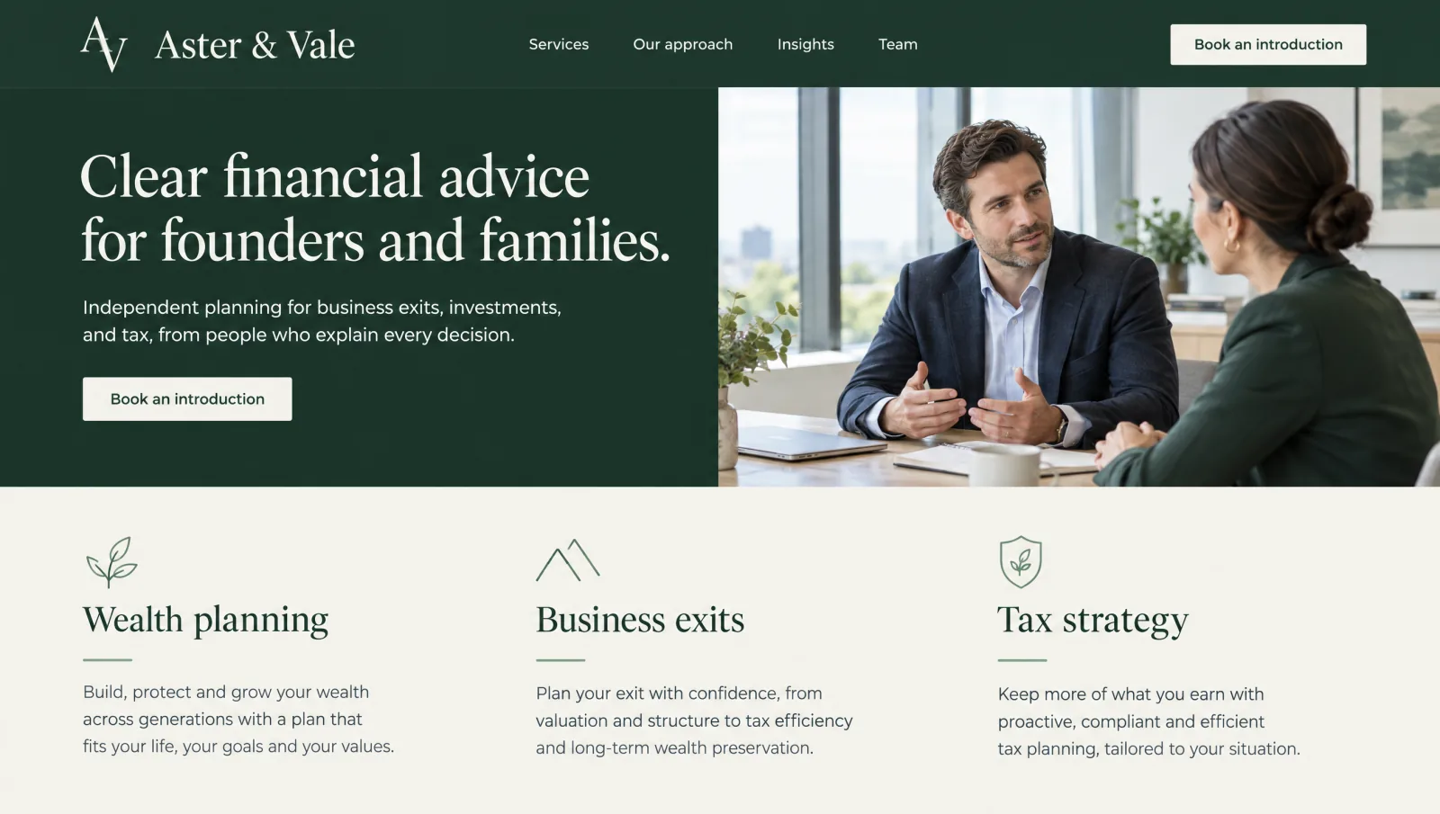 Illustrative advisory firm website concept. A calm, credible homepage for a wealth advisory firm.
