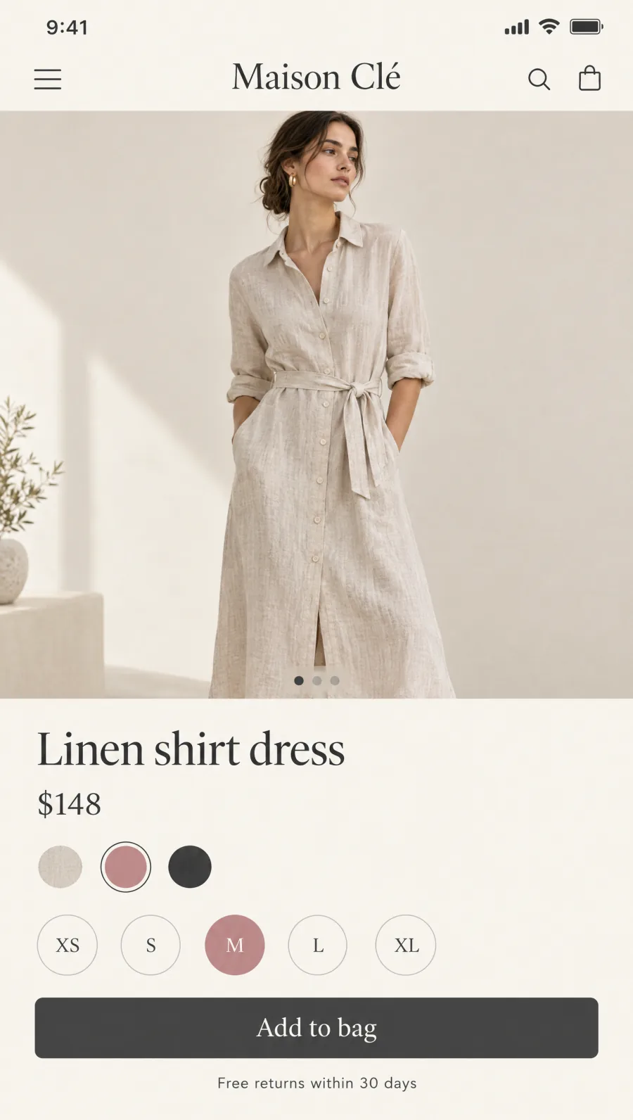 Illustrative boutique shopping app concept. Product detail with sizing and a one-tap add to bag.