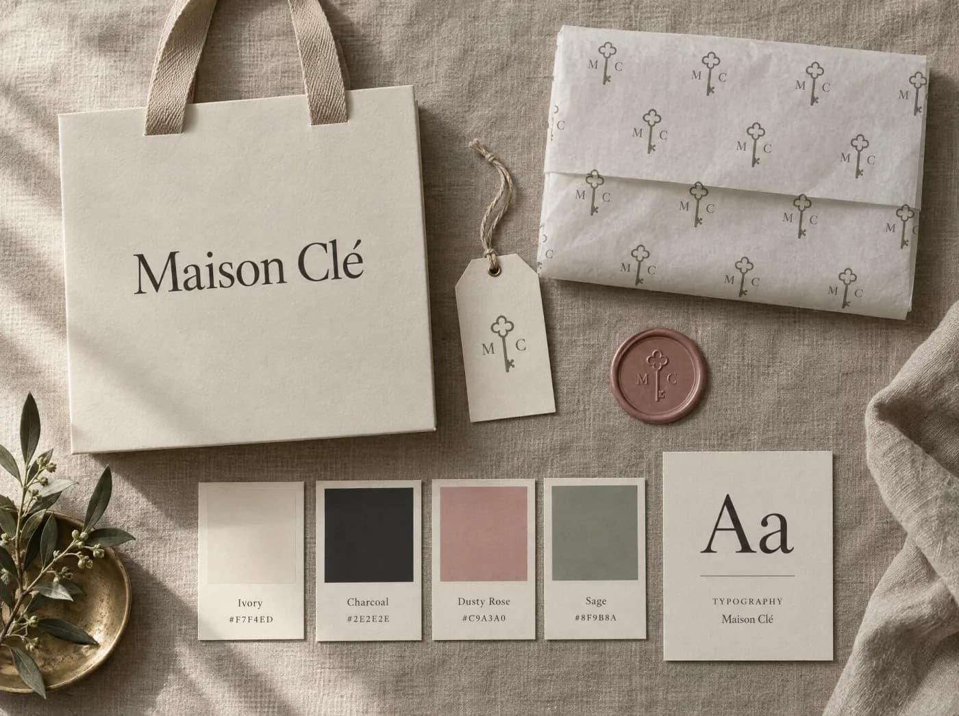 Illustrative boutique brand identity concept. A quiet ivory-and-charcoal identity with tags and tissue.