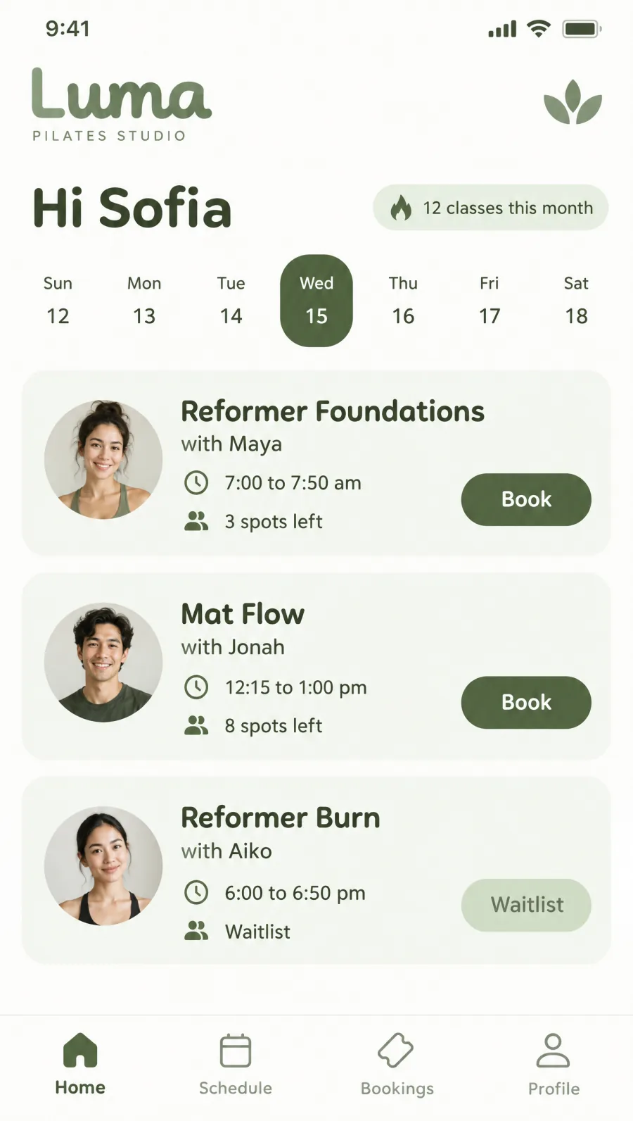 Illustrative pilates booking app concept. Class booking with instructors and spots left.