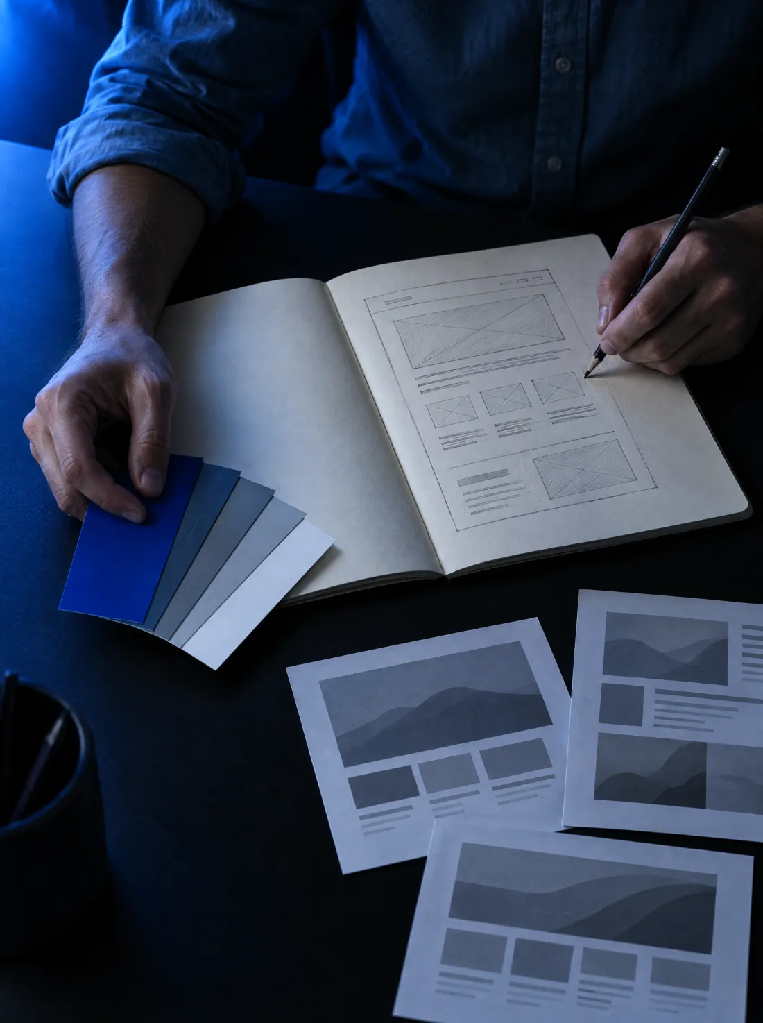 A designer sketching a website wireframe and choosing colour swatches.
