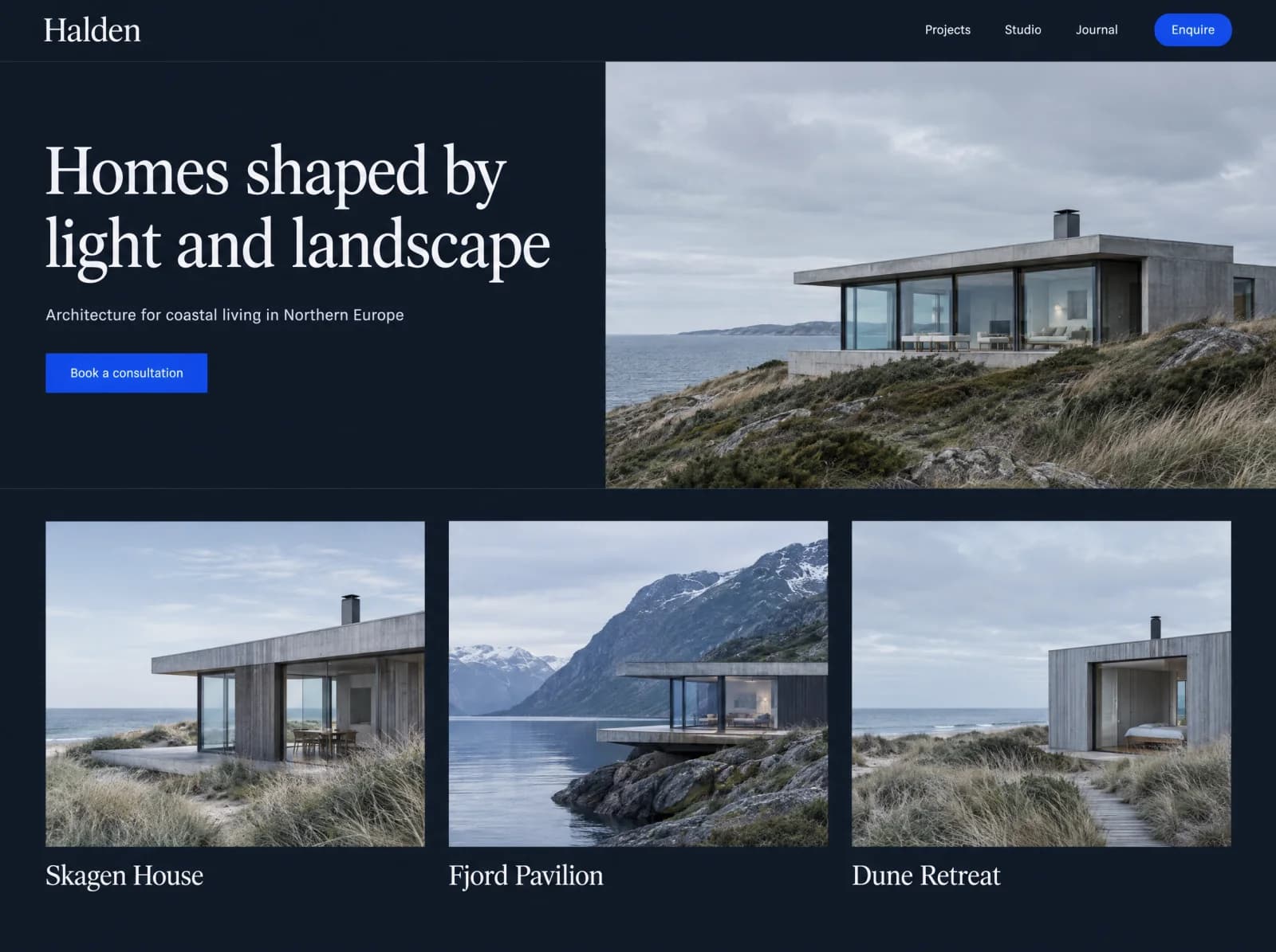 The same Halden Studio layout built as a finished, dark-themed website.