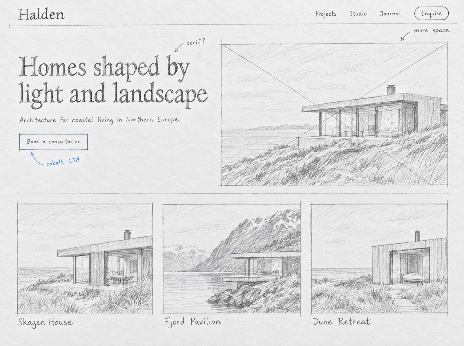 A designer’s pencil wireframe of a website for Halden Studio, a fictional architecture practice.
